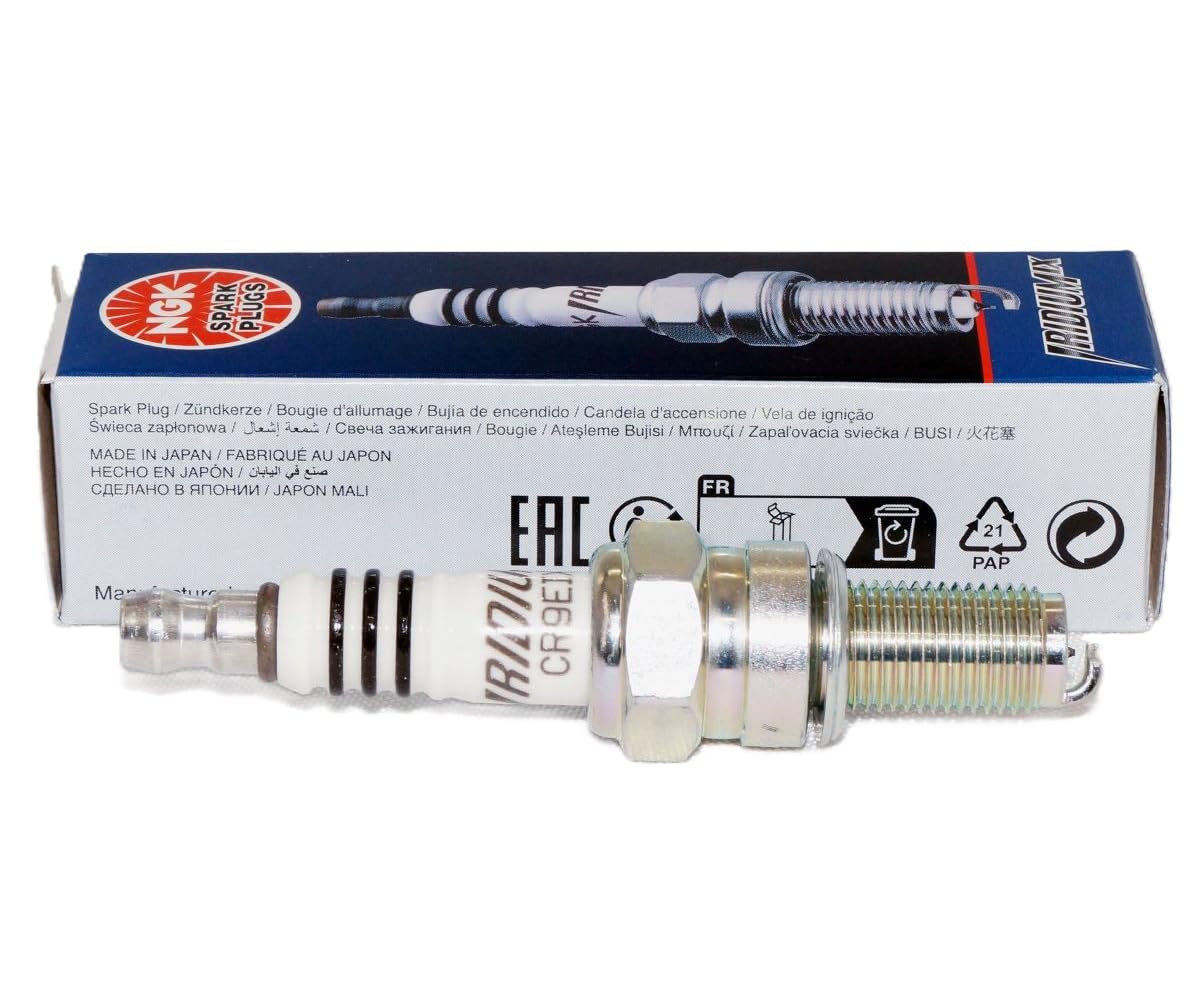 NGK CR9EIX single spark plug close-up showing construction and fit