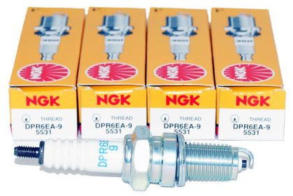 NGK DPR6EA-9 front packaging showing four plugs and brand, confirms OEM fitment