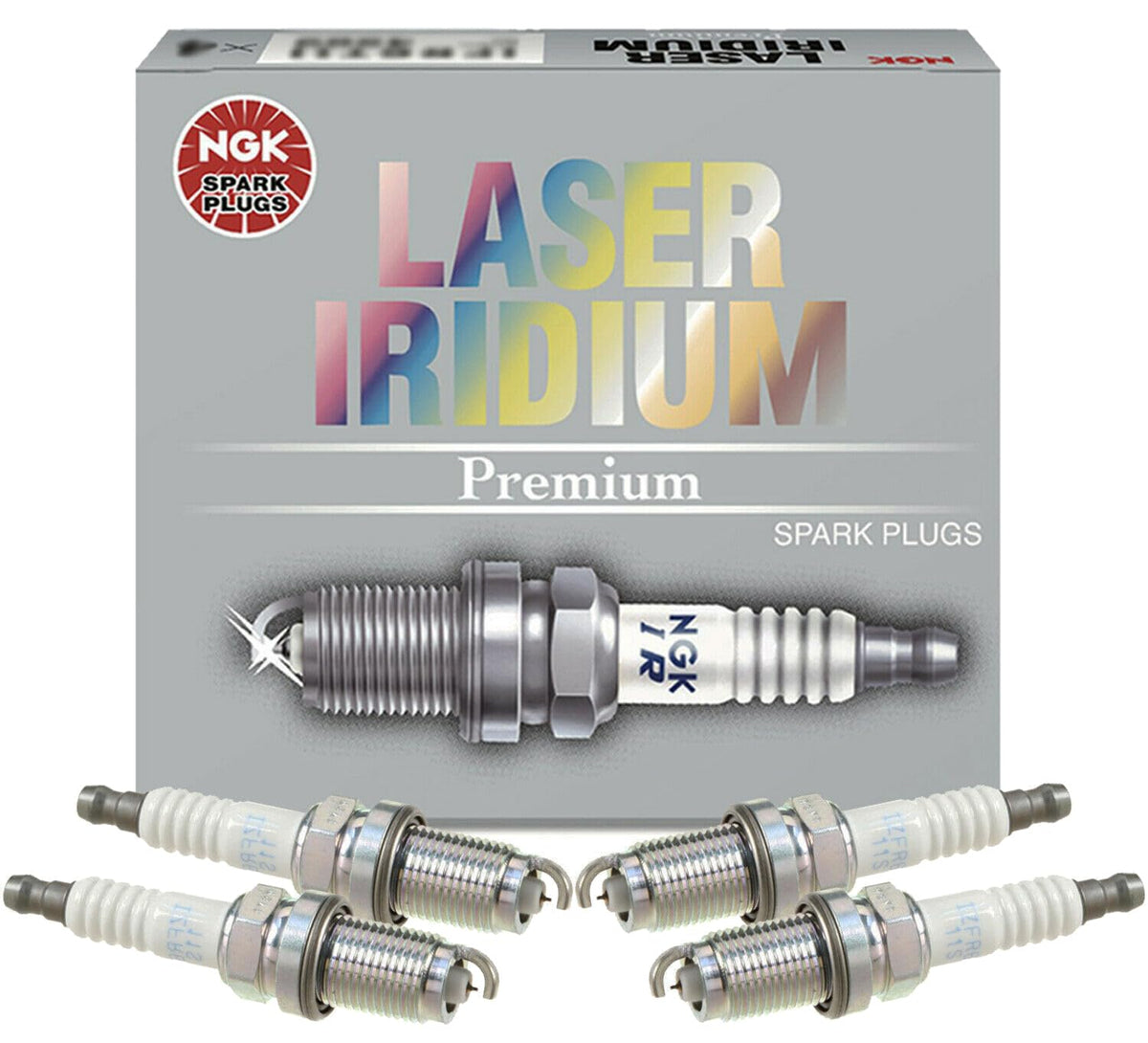 NGK laser iridium front pack showing four spark plugs, durable ignition benefit