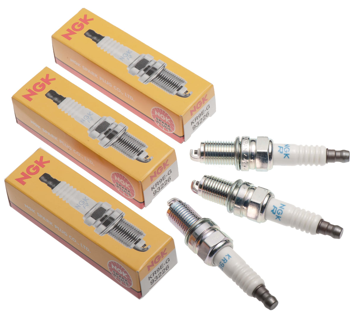 NGK KR9E-G spark plug three-pack front view showing brand and OEM fit