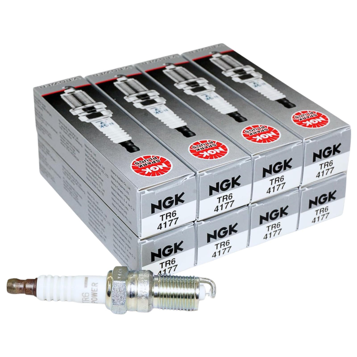 NGK TR6 front packaging showing set of eight plugs and easy identification benefit