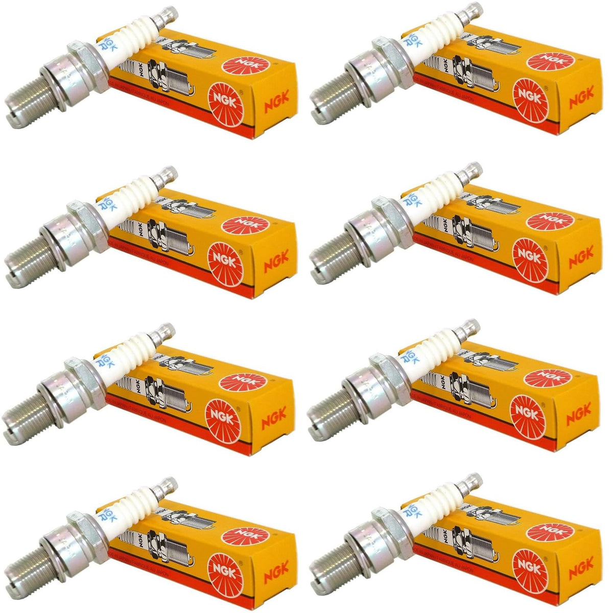 NGK UR5 front packaging showing eight genuine spark plugs and product label benefiting correct replacement