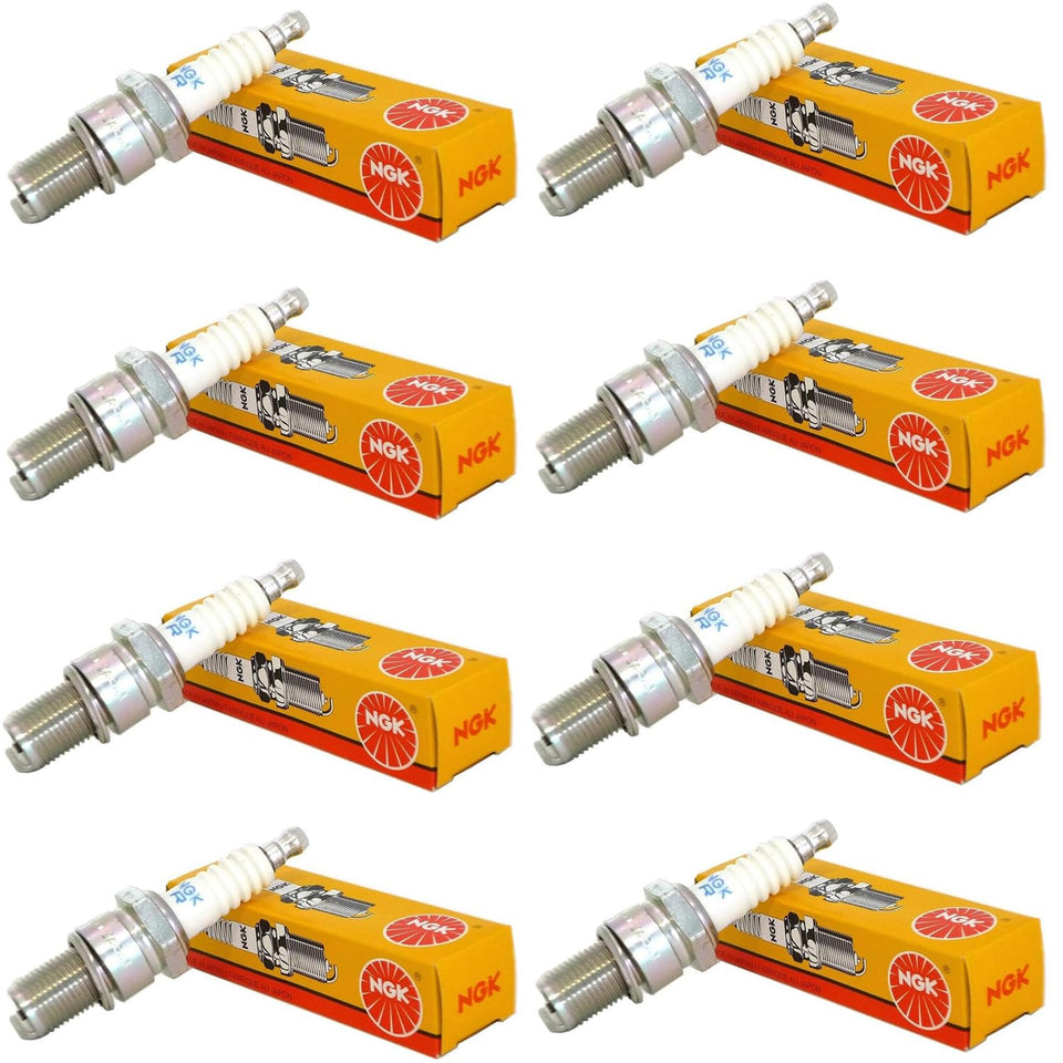 NGK UR5 front packaging showing eight genuine spark plugs and product label benefiting correct replacement