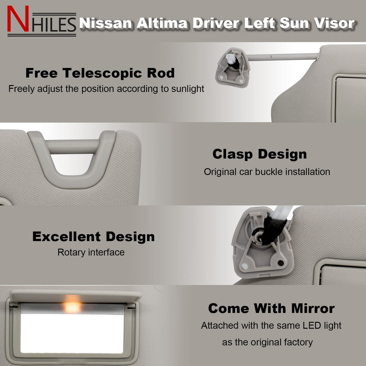 NHILES visor wired connector detail showing plug-ready wiring for the vanity lamp
