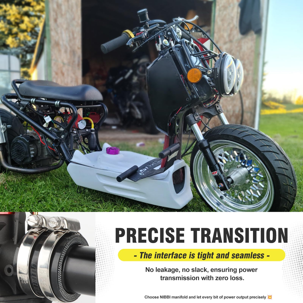 nibbi manifold mated to PE carburetor demonstrating compatibility benefit