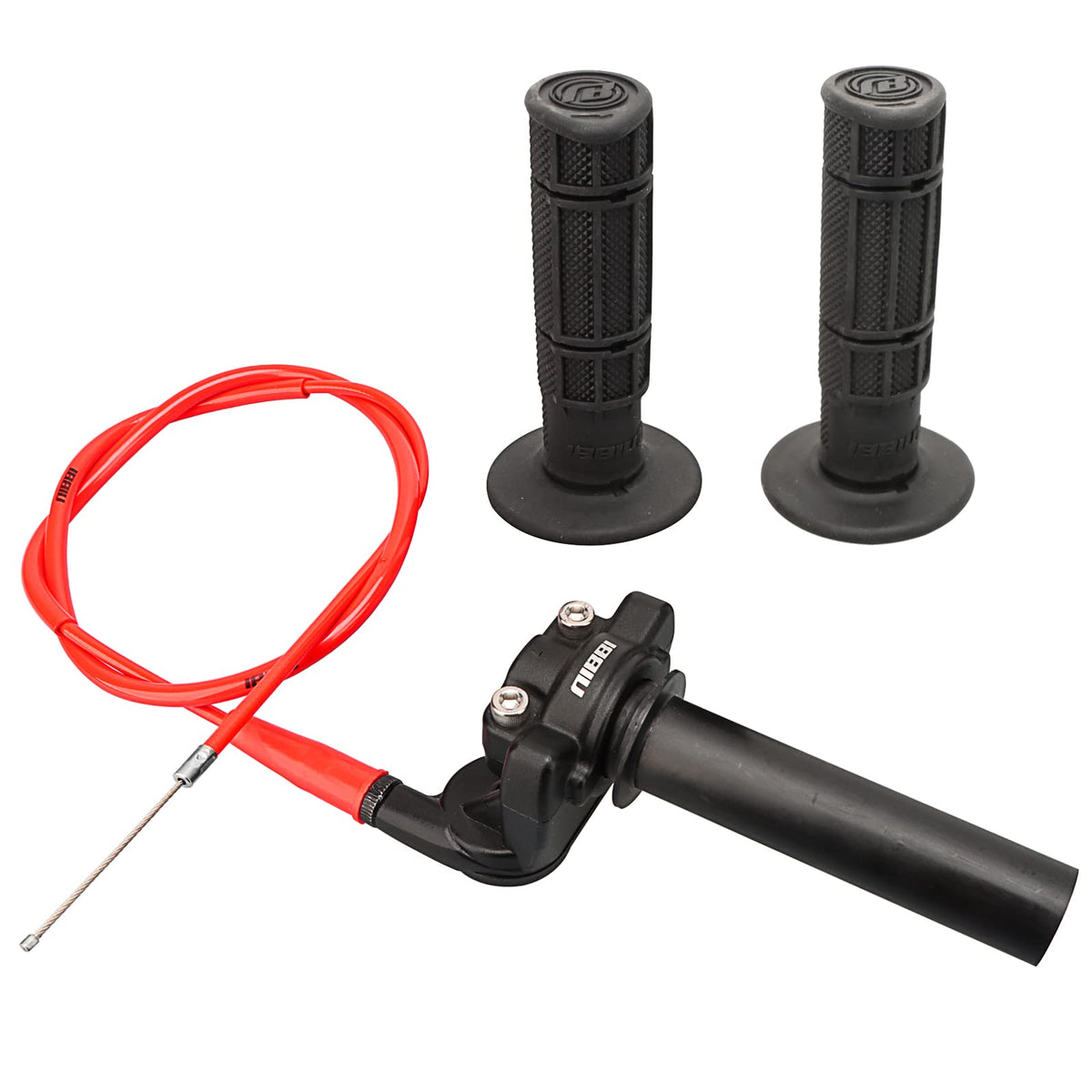 nibbi throttle assembly front view showing red twist tube and grip for clear identification and fit