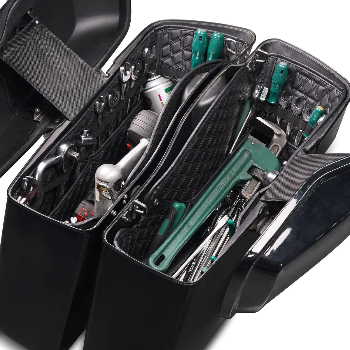 NICECNC liners installed in Harley saddlebag illustrating tidy, rattle-free storage