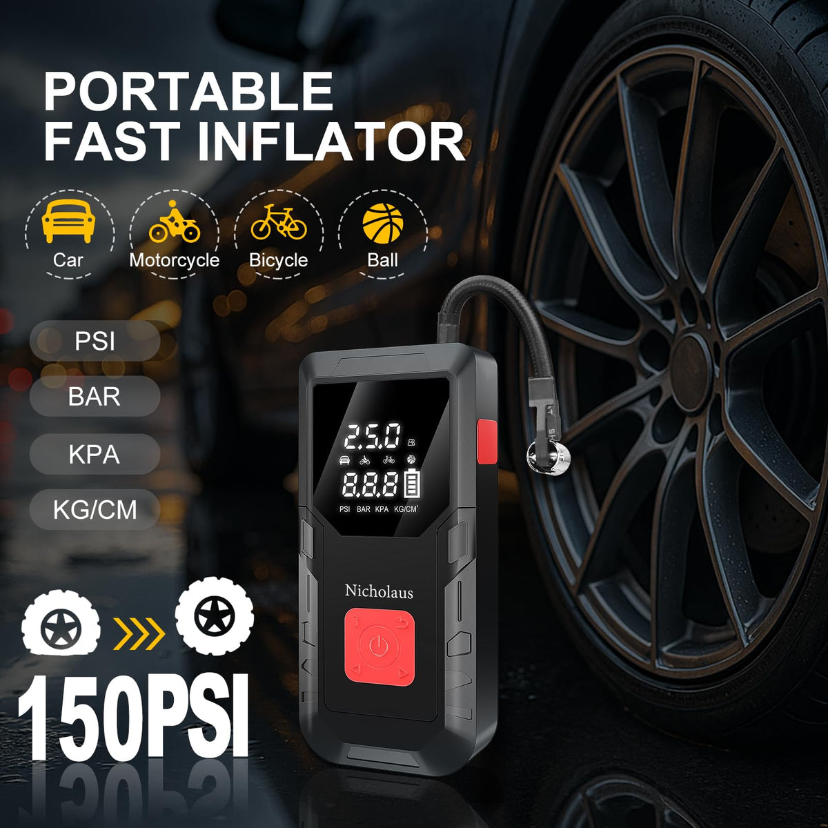 Nicholaus air compressor hose and nozzles display fast inflation versatility