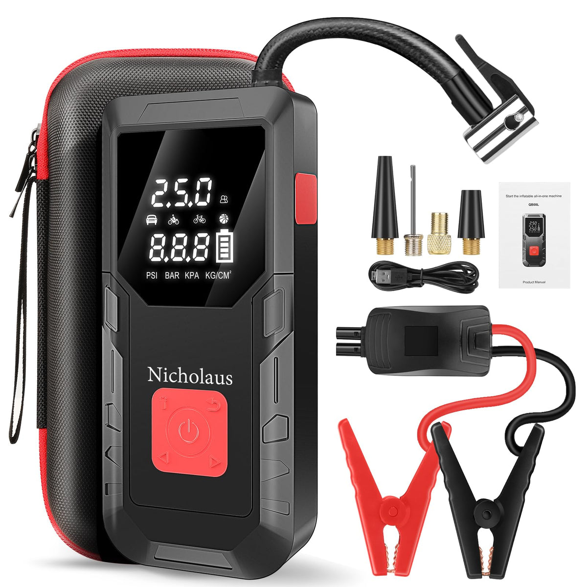 Nicholaus front view showing jump starter and compressor for quick emergency response