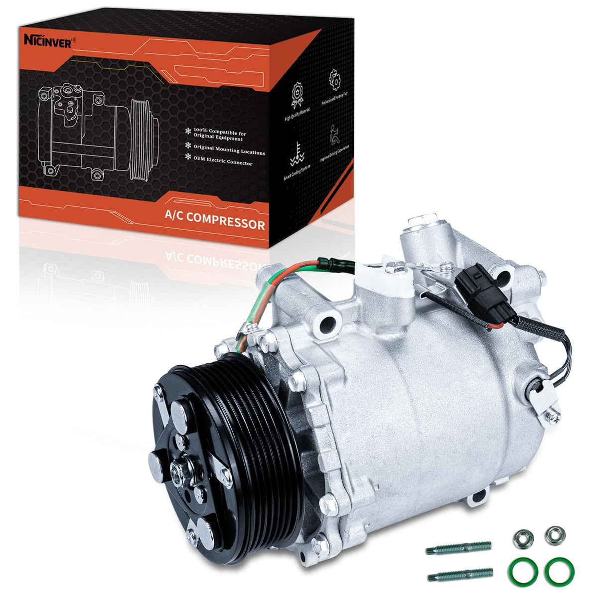 nicinver front view of AC compressor showing fitment and reliable replacement benefit