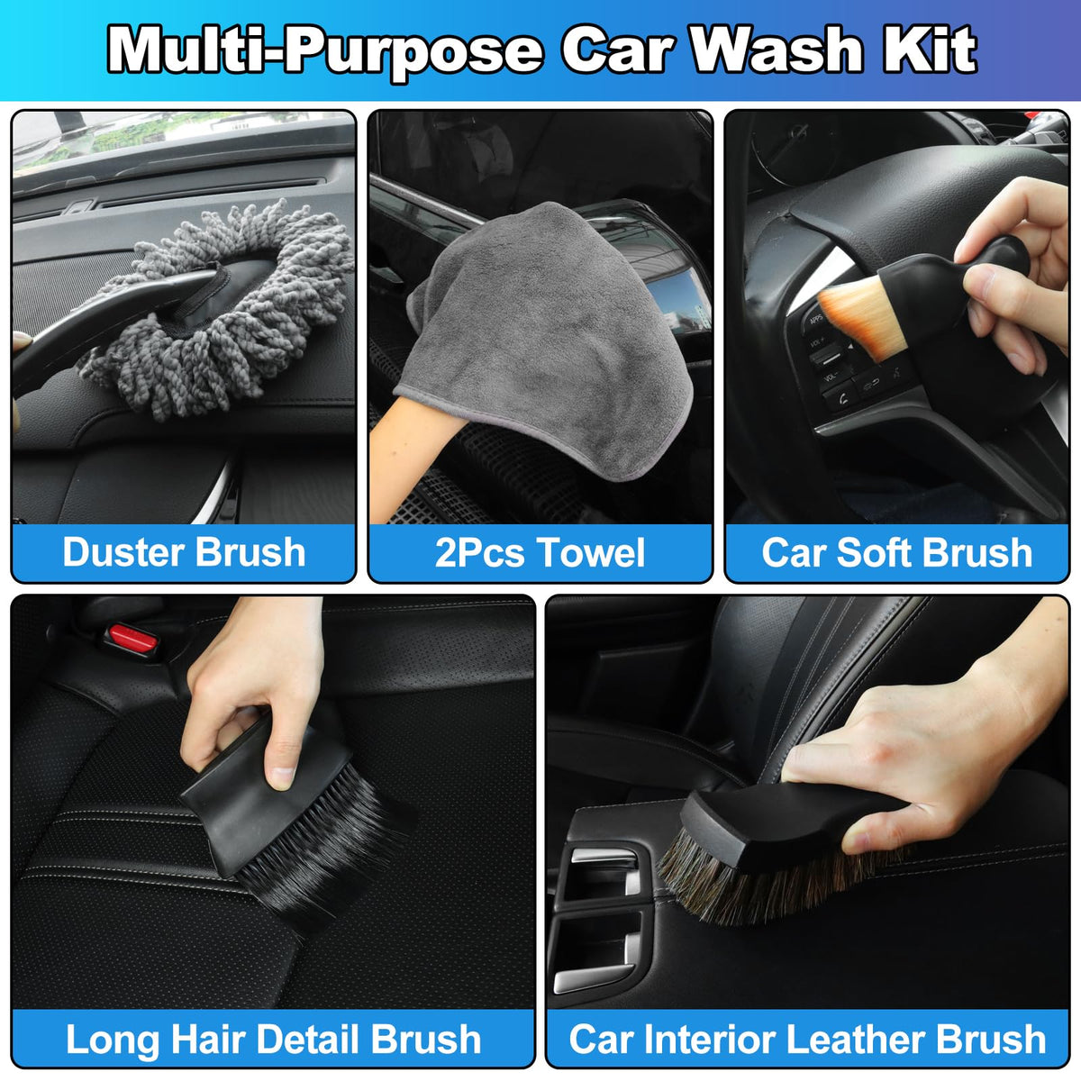 NIKCOSMK full accessory layout inside a car demonstrating versatile cleaning coverage