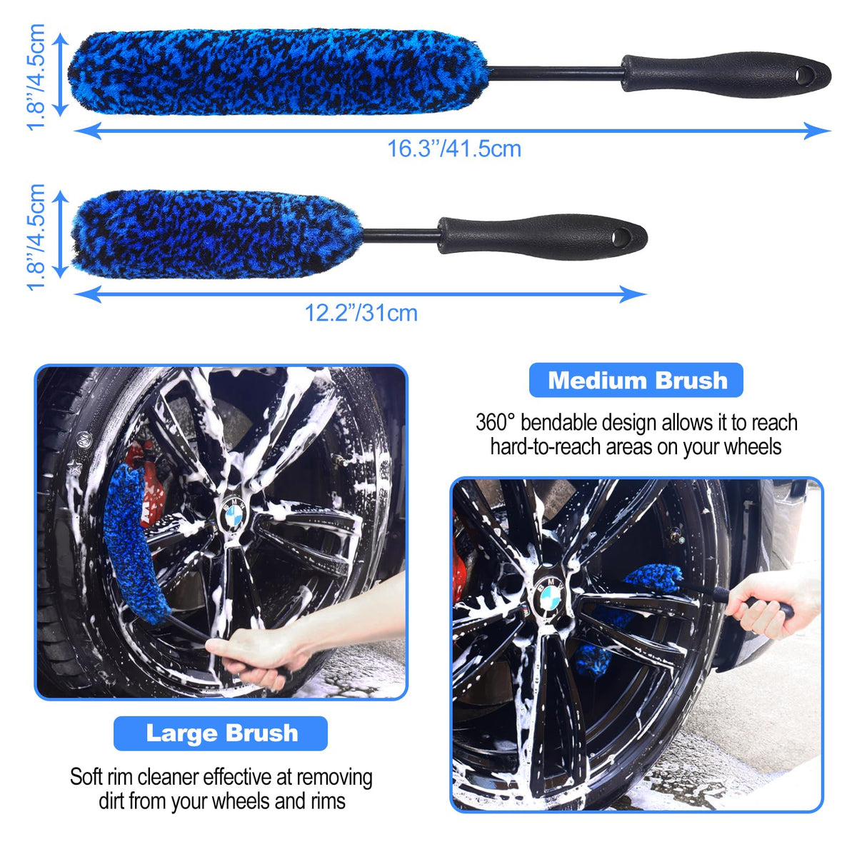 NIKCOSMK bendable rim brush flexed 360 degrees reaching spoke gaps for thorough cleaning