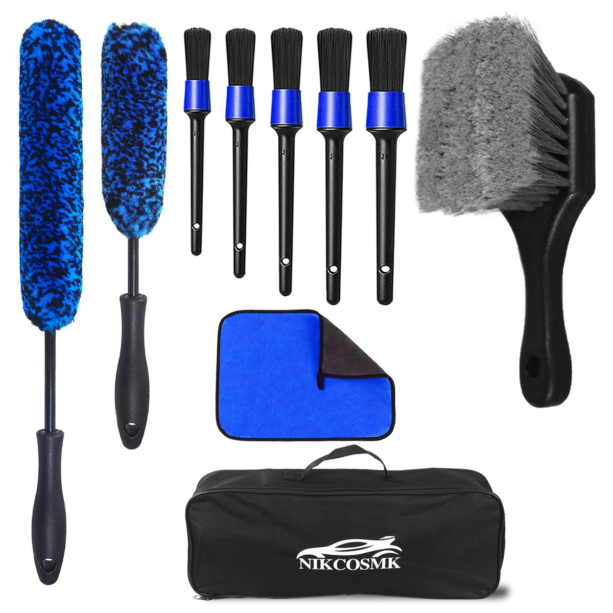 NIKCOSMK front packaging showing complete wheel brush kit and storage bag benefit: organized transport