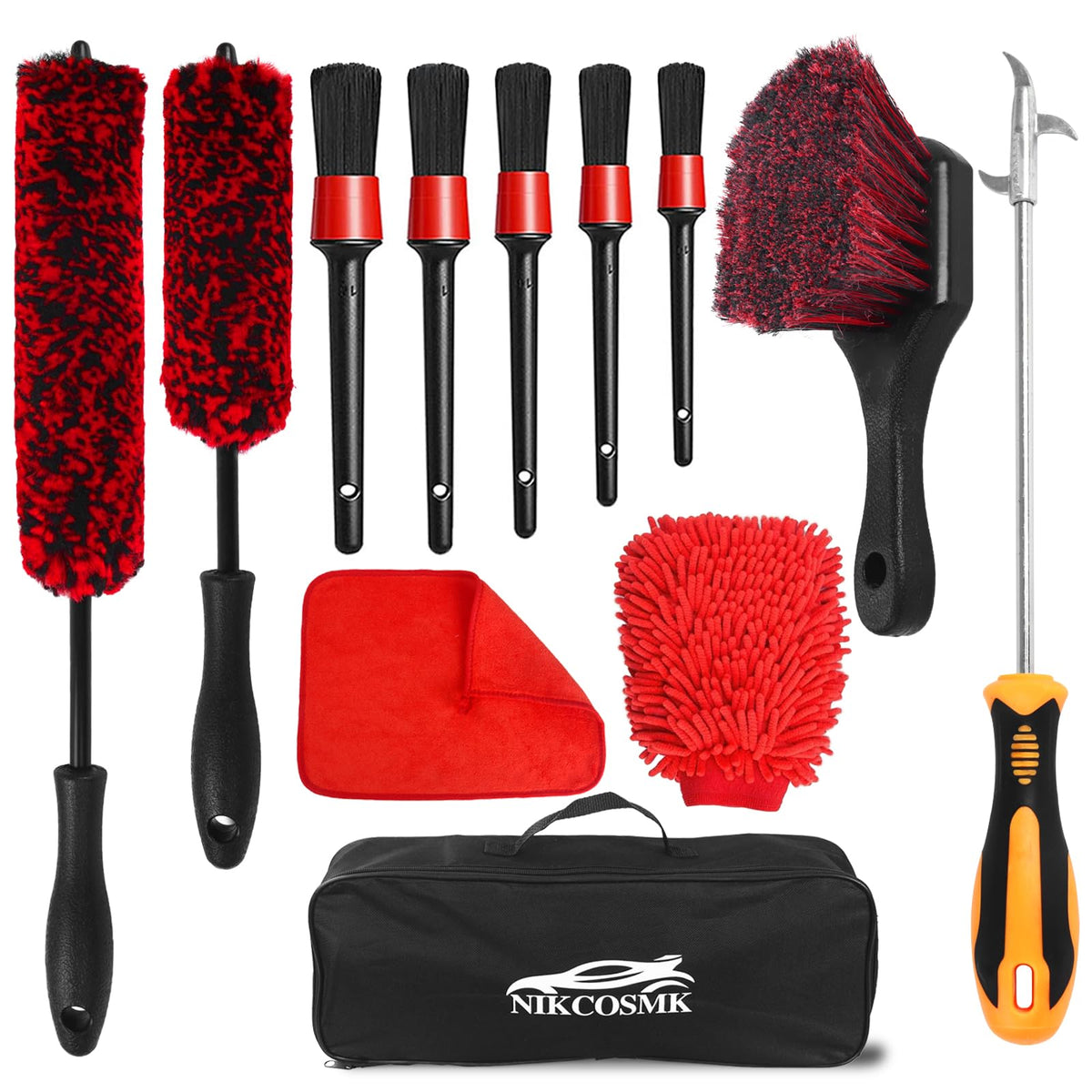 NIKCOSMK front packaging of 12-piece wheel brush kit showing contents and convenience