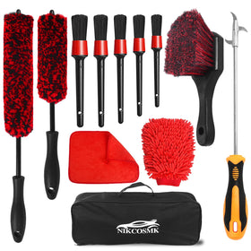 NIKCOSMK front packaging of 12-piece wheel brush kit showing contents and convenience