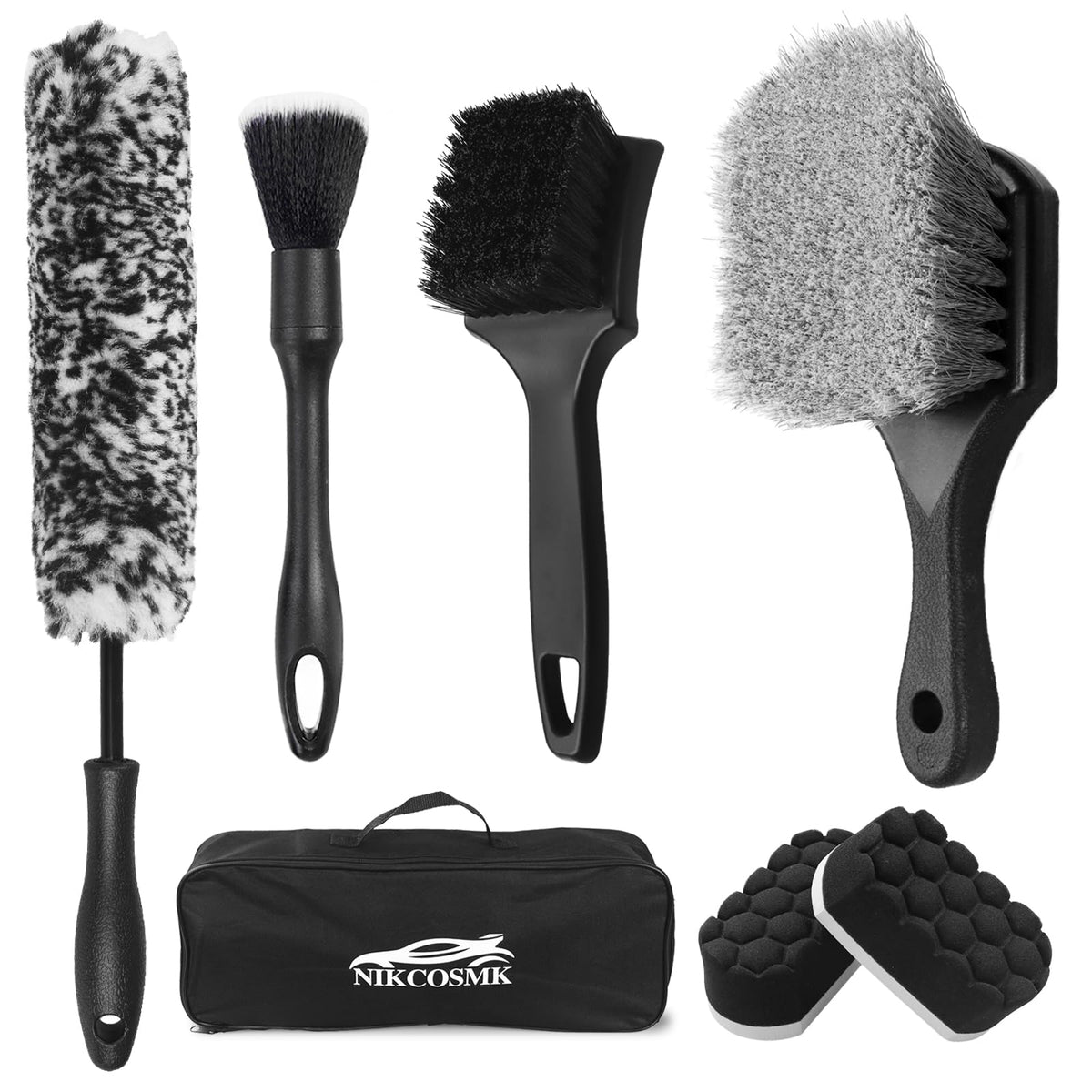 NIKCOSMK front packaging showing full 7-piece wheel brush kit benefits