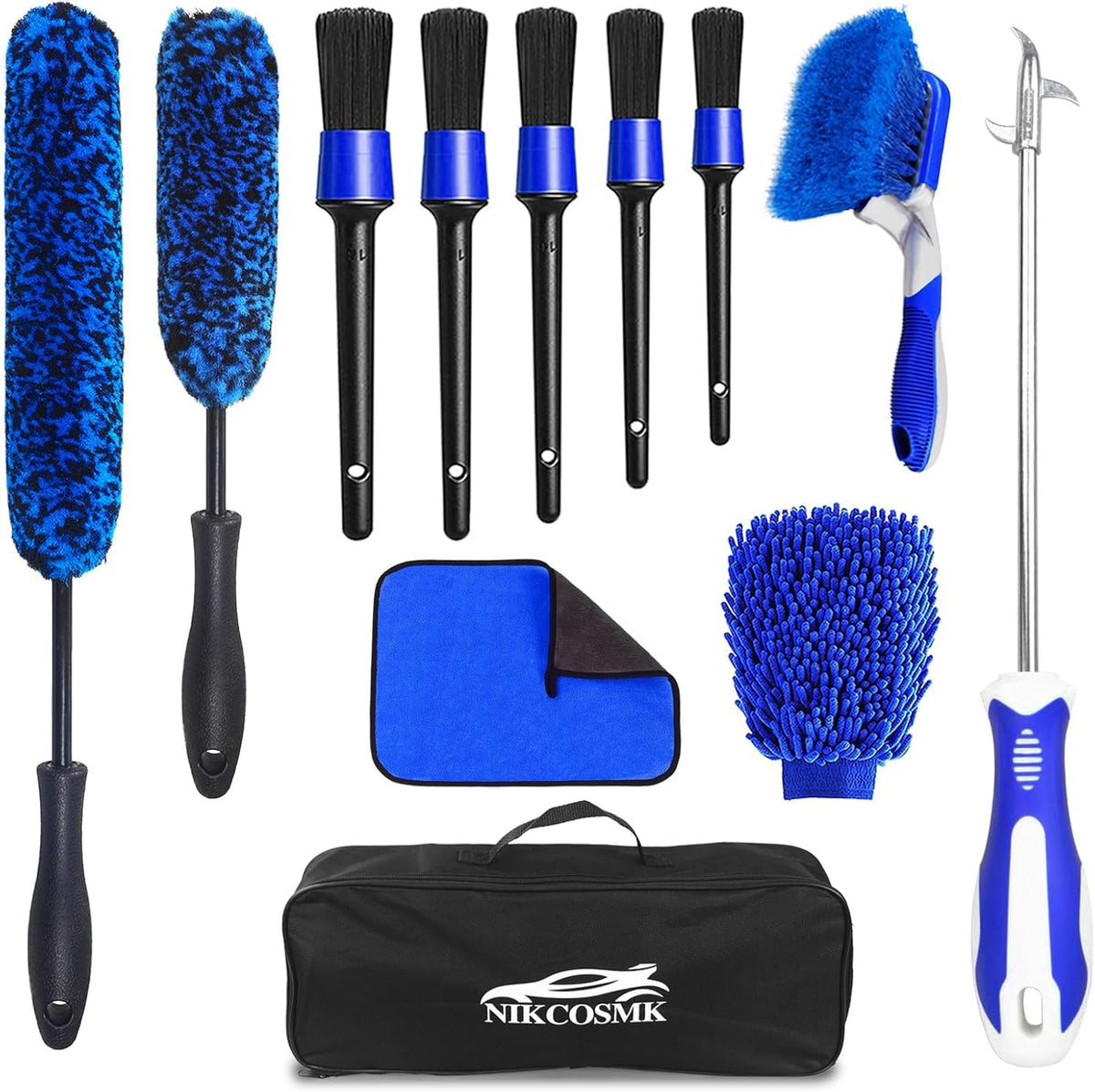 NIKCOSMK front packaging showing full 12-piece kit and storage bag for organized cleaning