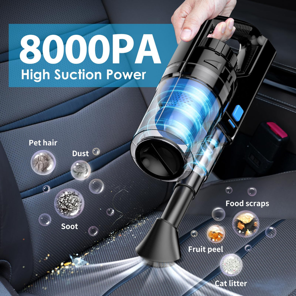 NIKCOSMK handheld vacuum close-up highlighting powerful suction benefit