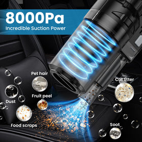 NIKCOSMK handheld vacuum closeup showing nozzle and strong 8000PA suction power