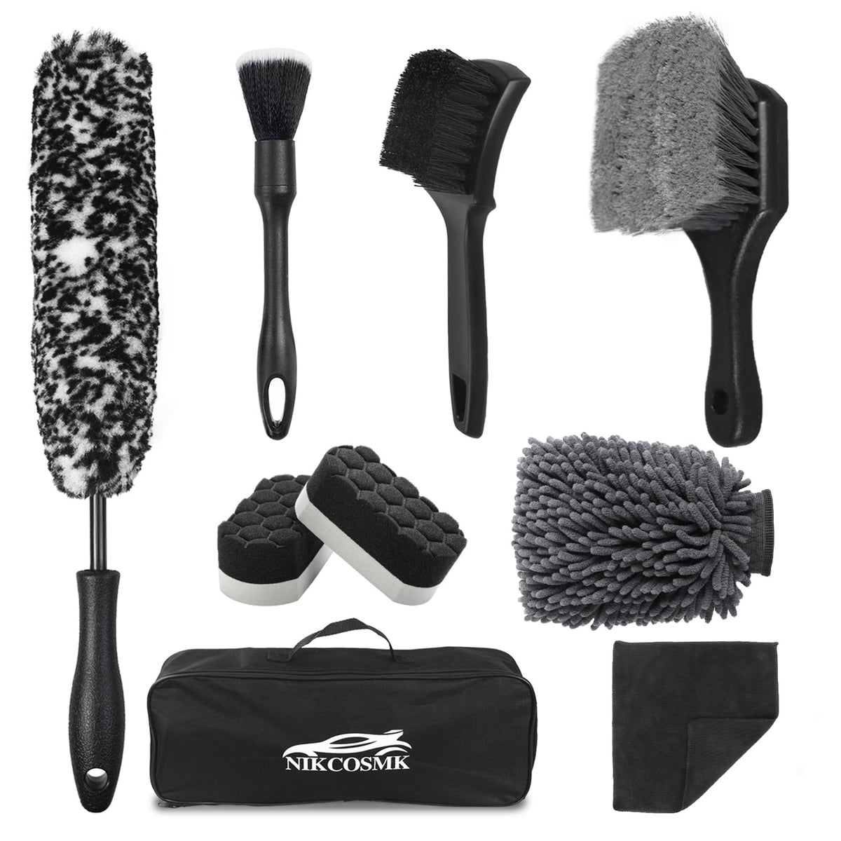 NIKCOSMK kit front layout showing all included brushes and accessories for organized cleaning