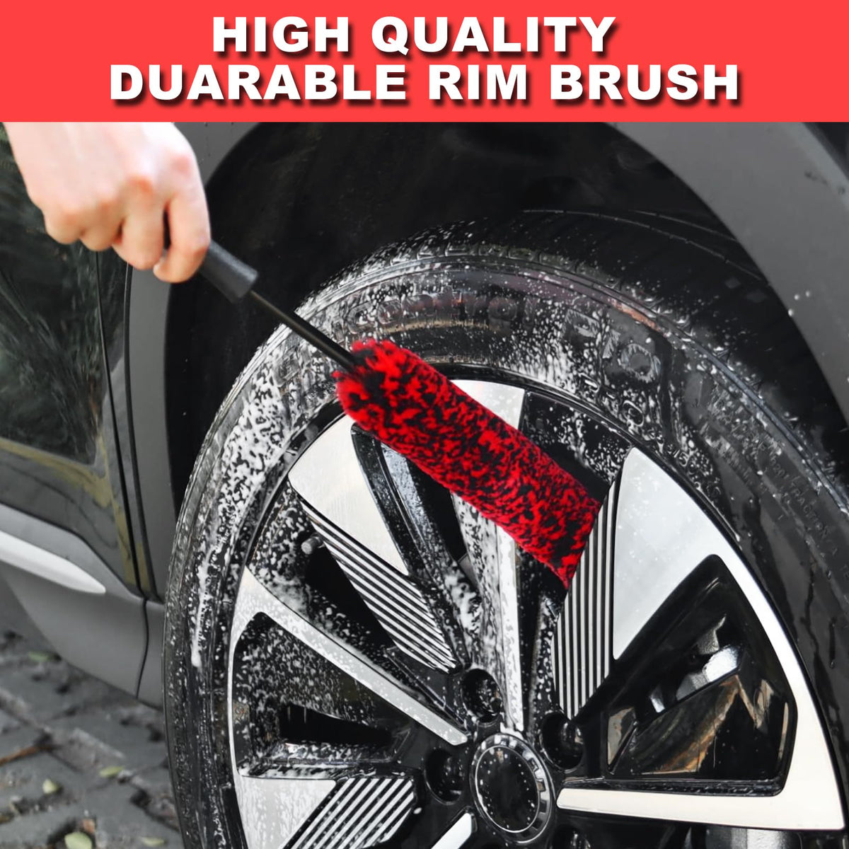 NIKCOSMK brushes in use on a car wheel showing efficient cleaning and finish protection