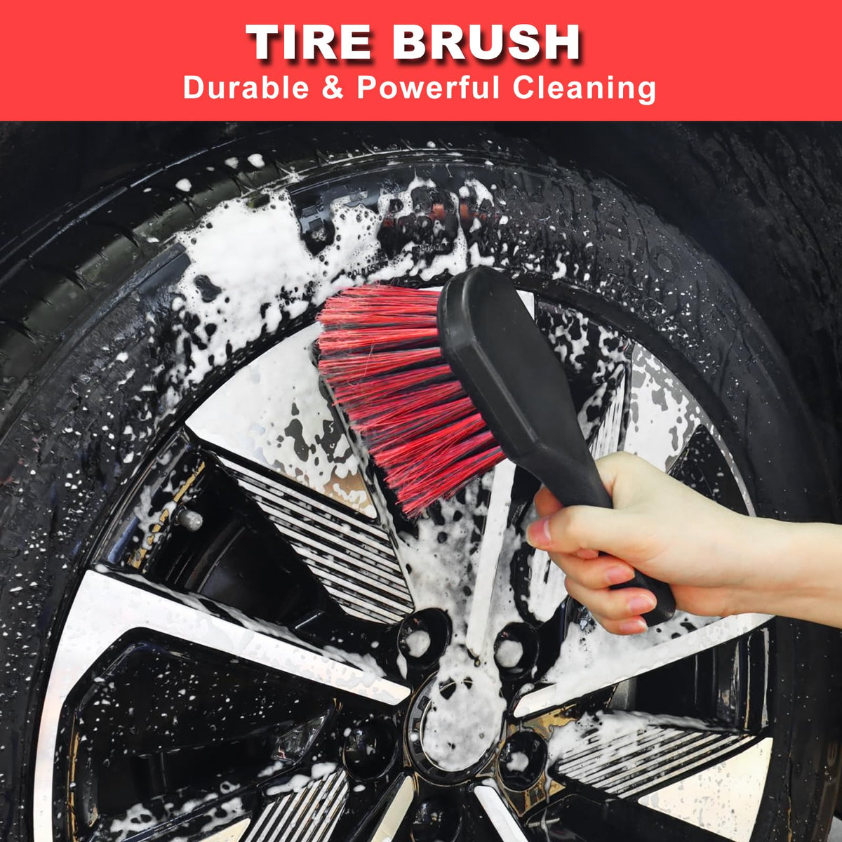 NIKCOSMK stiff tire brush scrubbing a tire sidewall to remove road grime