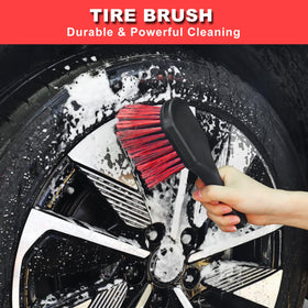 NIKCOSMK stiff tire brush scrubbing a tire sidewall to remove road grime