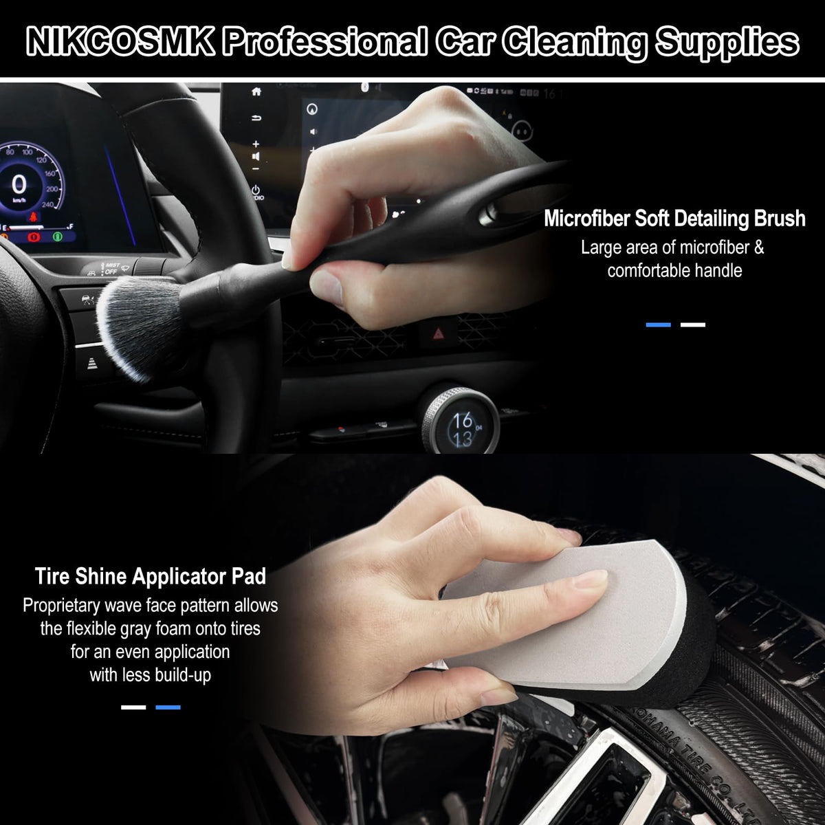 NIKCOSMK tire brushes comparison showing soft gray and stiff black bristles for tasks