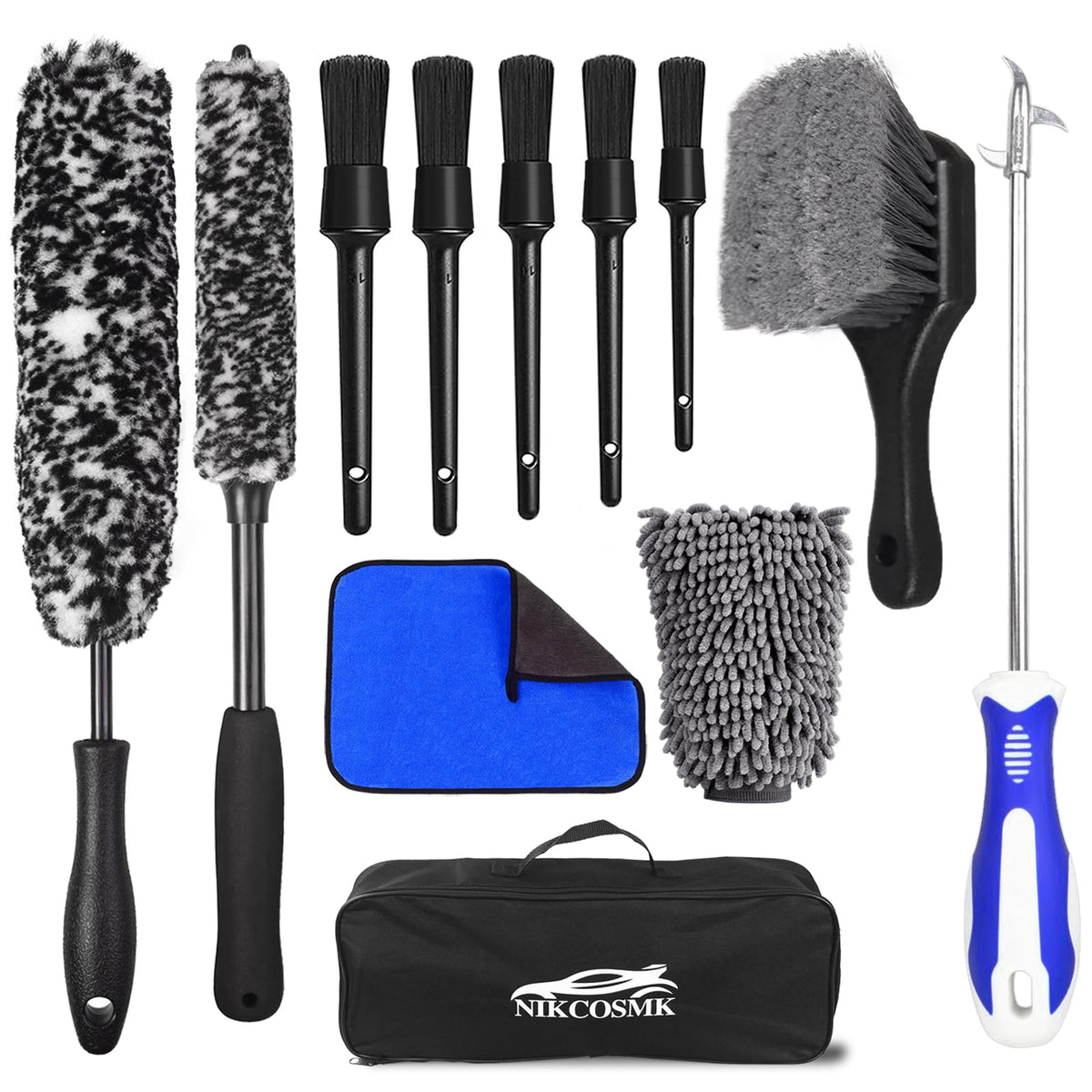 NIKCOSMK wheel brush kit front packaging showing full contents and organization benefit