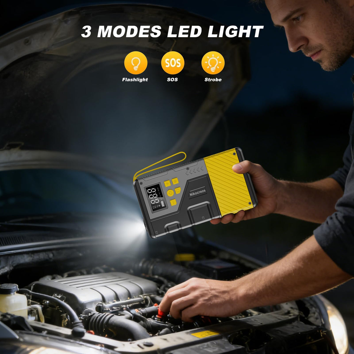 Nikocreos LED flashlight illuminating roadside for added safety