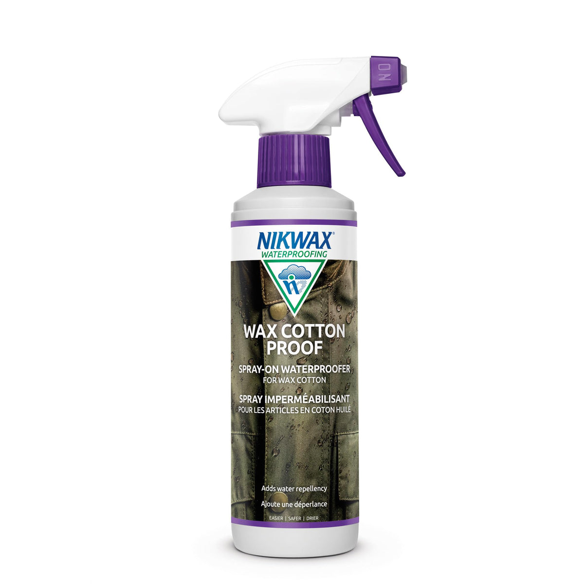 Nikwax spray bottle front view showing product ready for reproofing