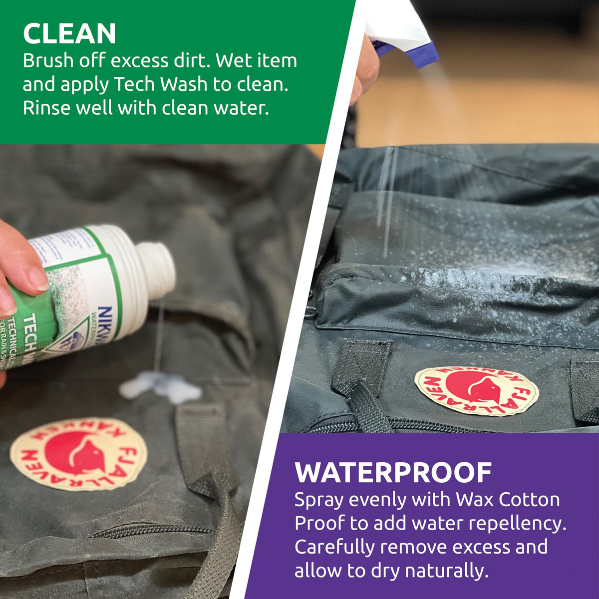 Nikwax-treated waxed cotton showing water beading and protection
