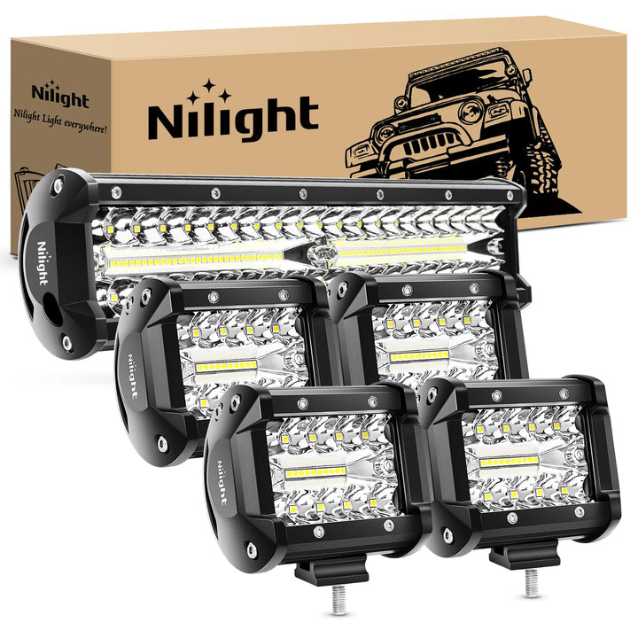 Nilight 12-inch 300W bar front view showing bright beam and durable housing