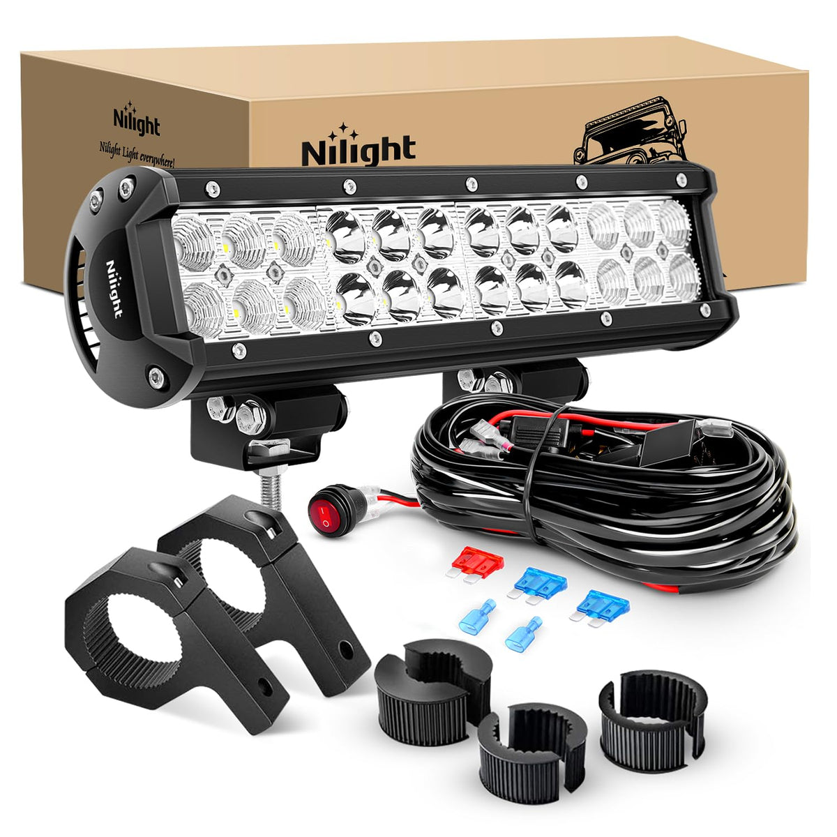 Nilight front view of 12 inch 72W light bar showing powerful illumination benefit