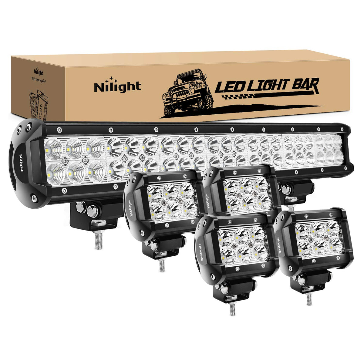 Nilight 20in 126W combo light bar front view showing bright coverage