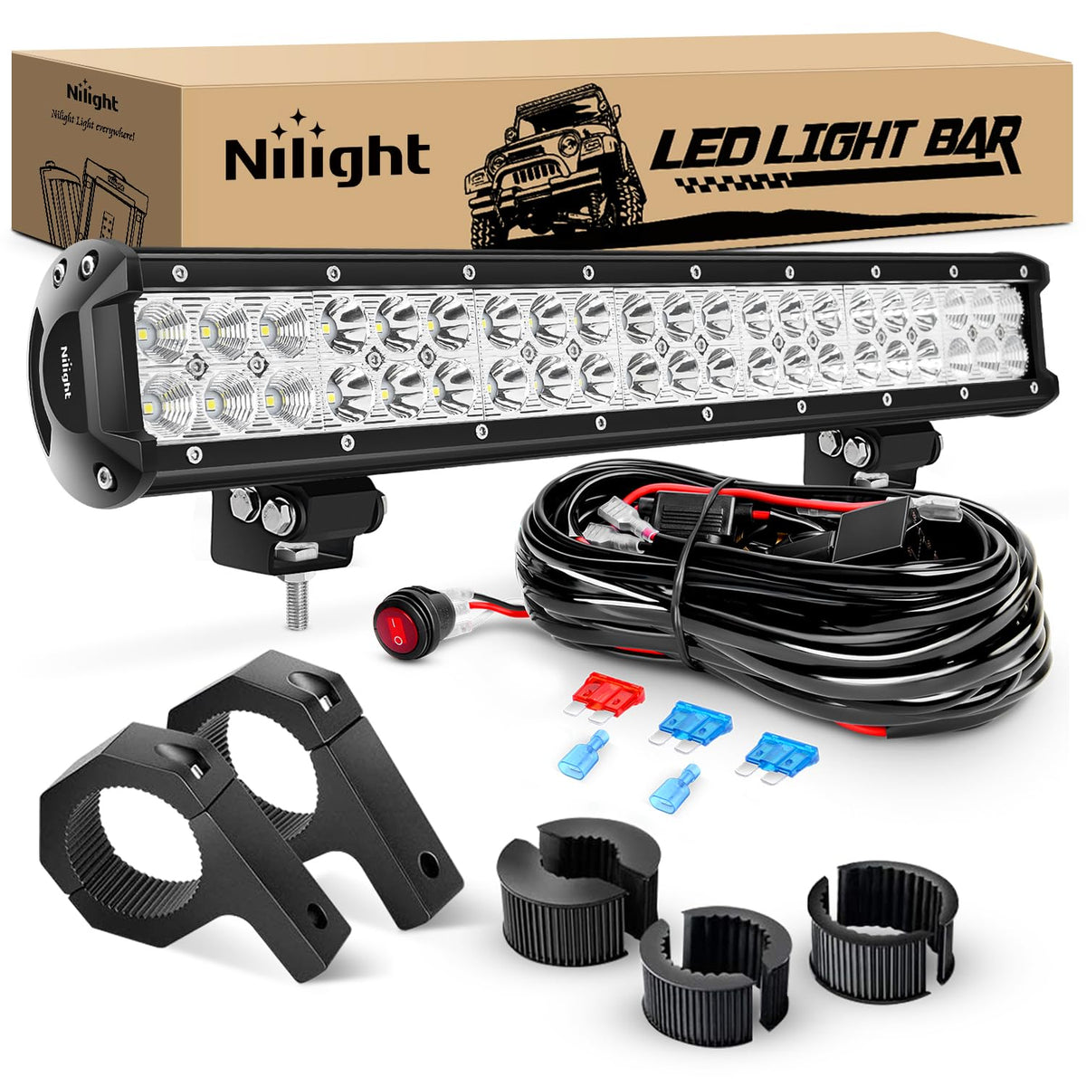 Nilight front view of 20-inch light bar showing sleek housing and LEDs for powerful light
