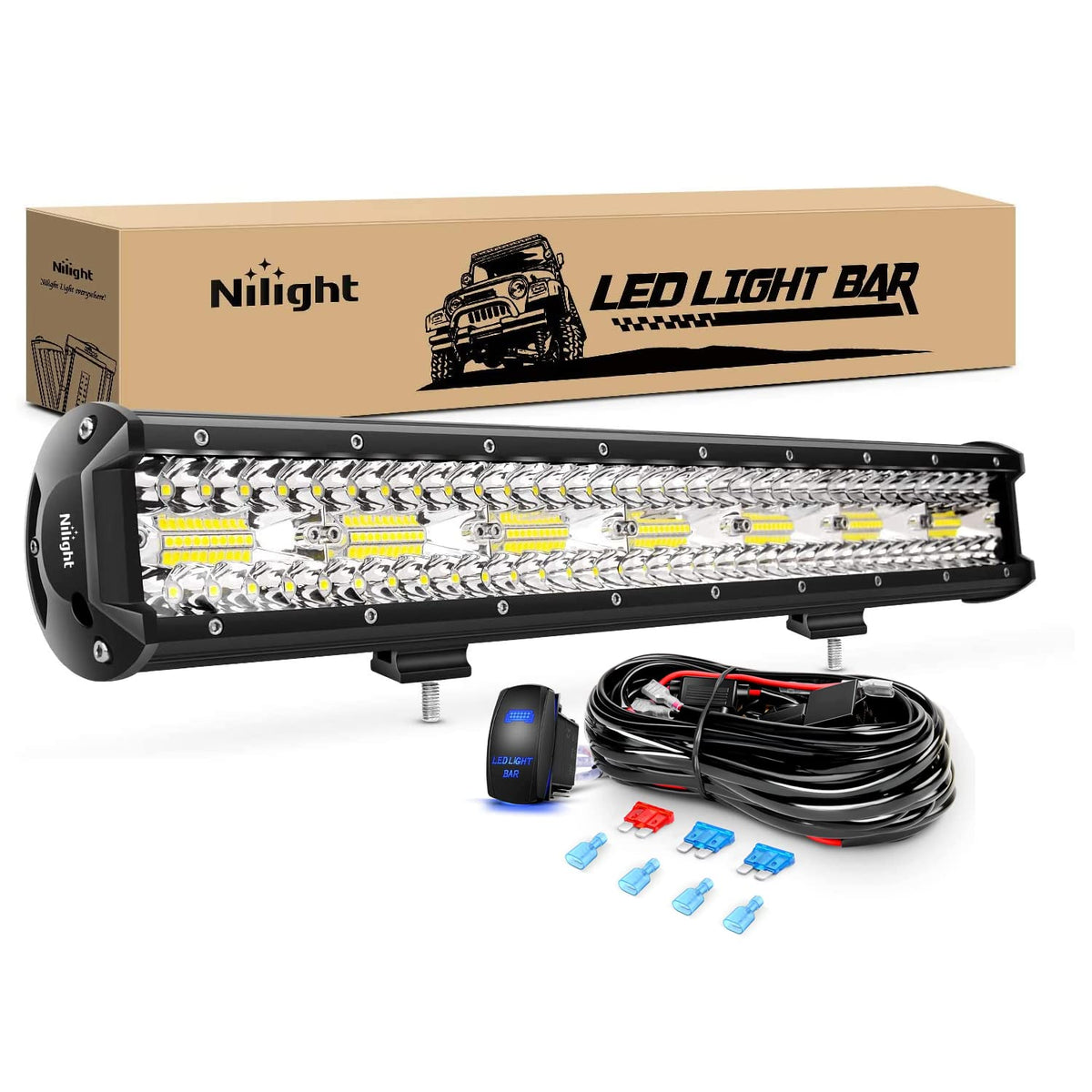 Nilight front view of 20-inch triple-row light bar showing robust build and bright output