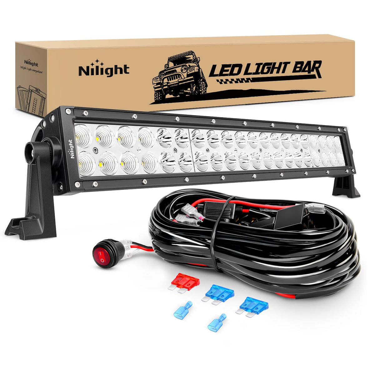 Nilight front view of 22 inch light bar showing sleek bezel and lens, improves road visibility