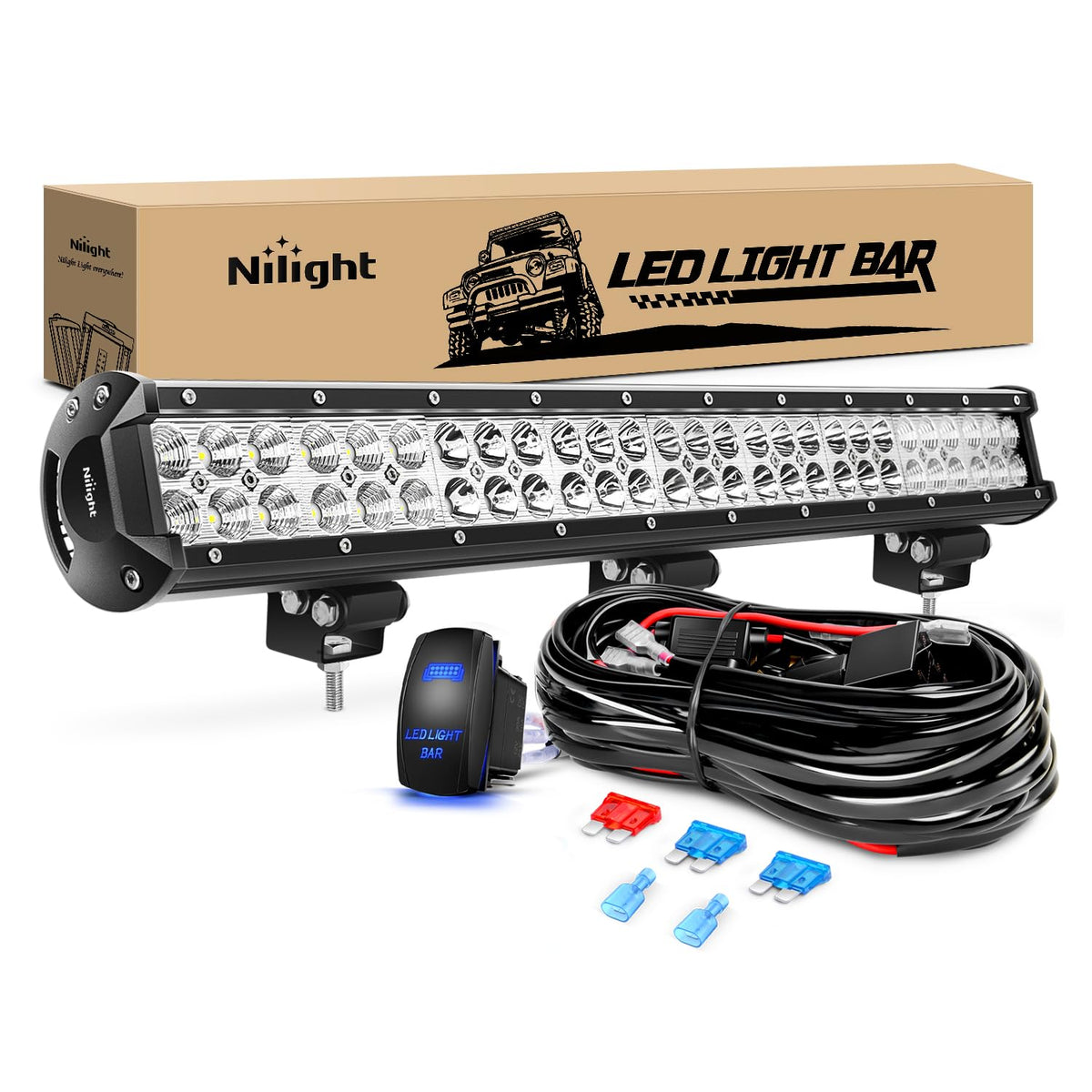 Nilight front view of 25-inch light bar showing lens and housing, offers broad visibility