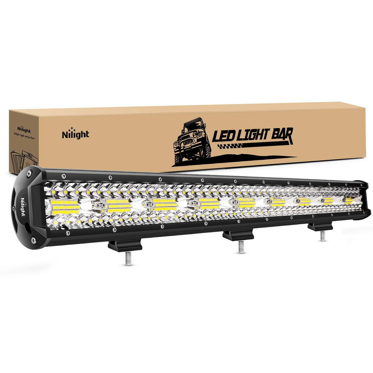 Nilight 26-inch front view showing full triple-row light bar, powerful illumination benefit