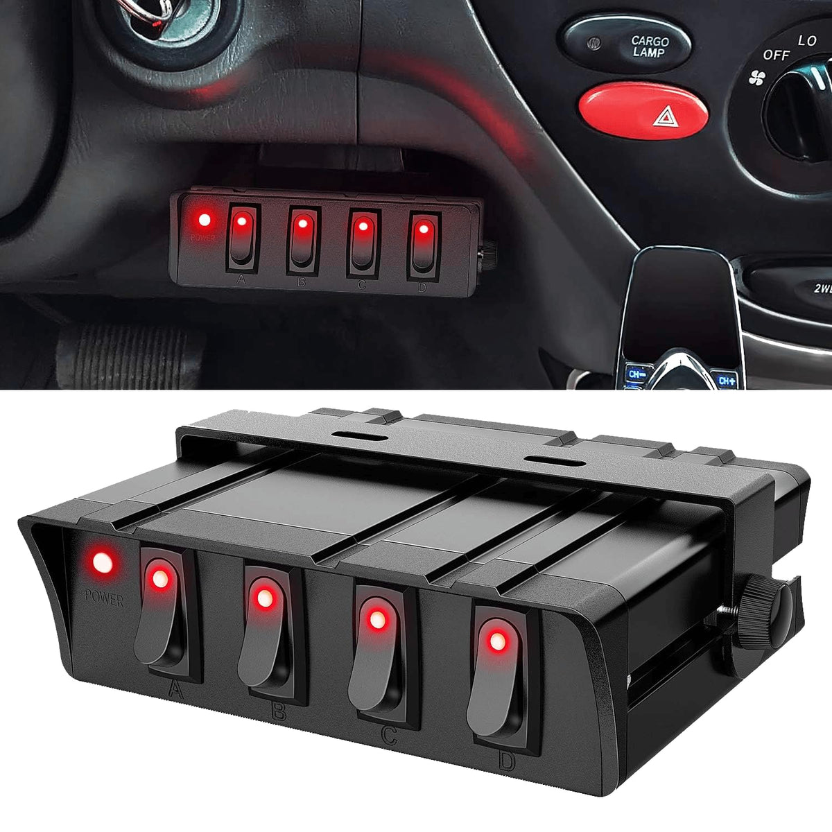 Nilight 6-gang front panel showing rocker switches and bracket for organized control