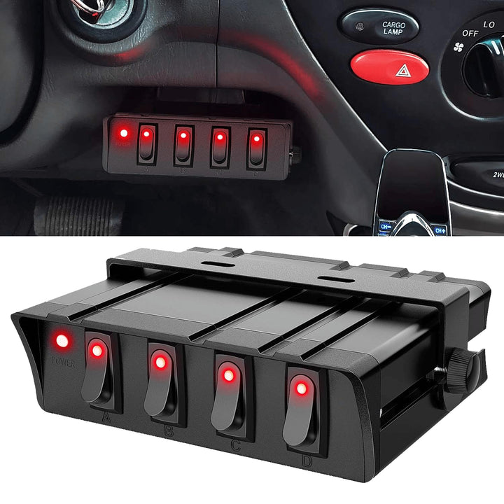Nilight 6-gang front panel showing rocker switches and bracket for organized control