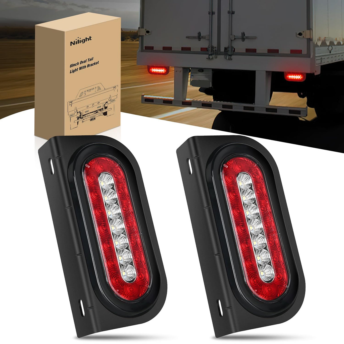 Nilight front view of 6-inch oval tail light showing clear lens and bright LEDs for improved visibility