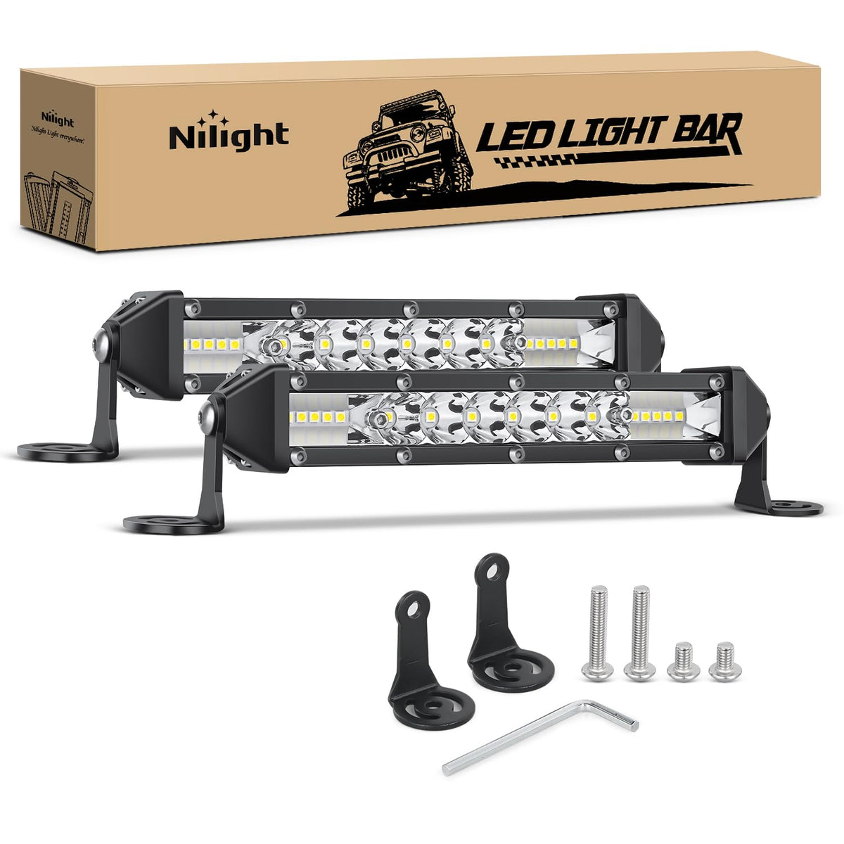 Nilight 7-inch slim LED light bar front view showing LEDs and compact housing, durable visibility