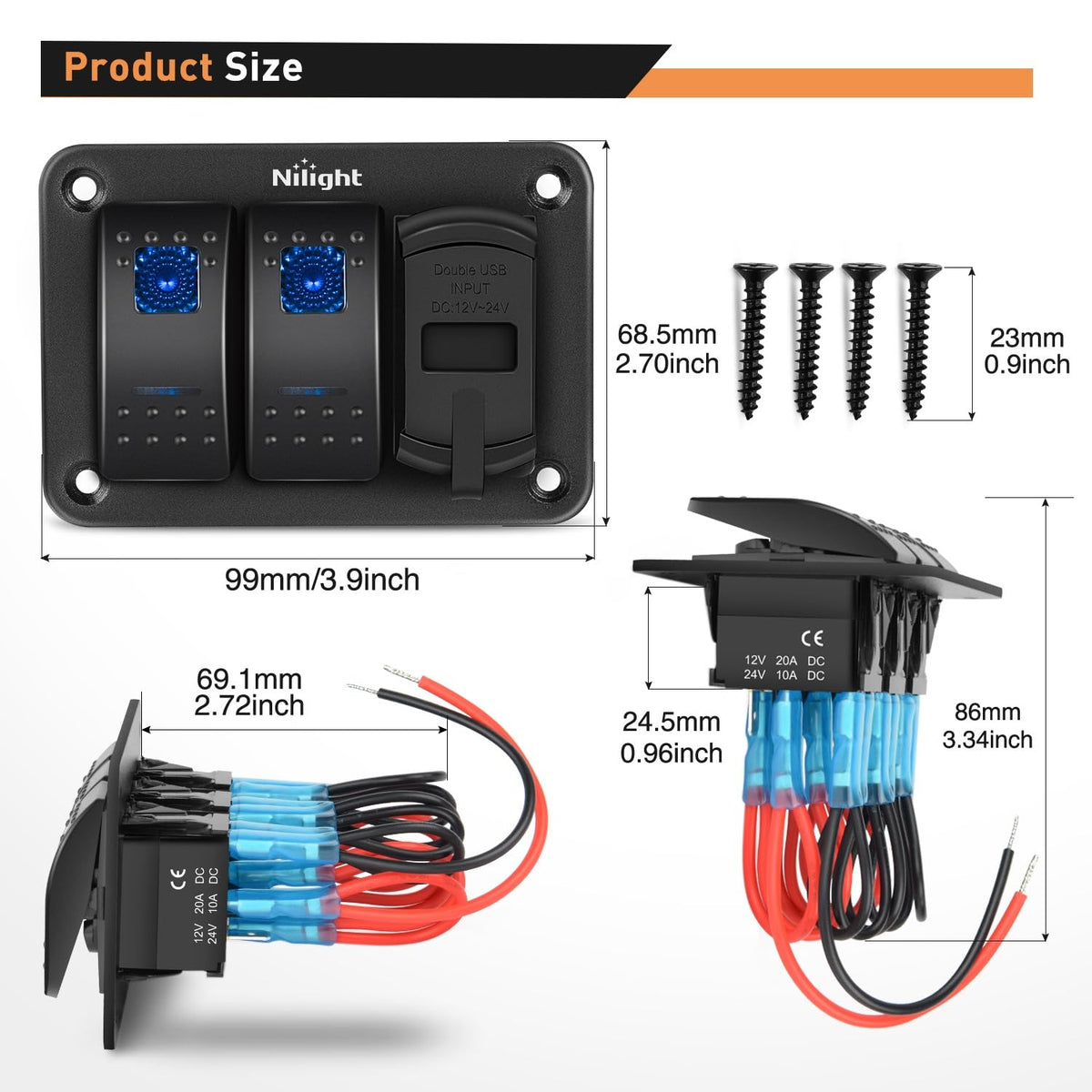 Nilight dual USB ports detail enabling fast 2.4A charging for devices