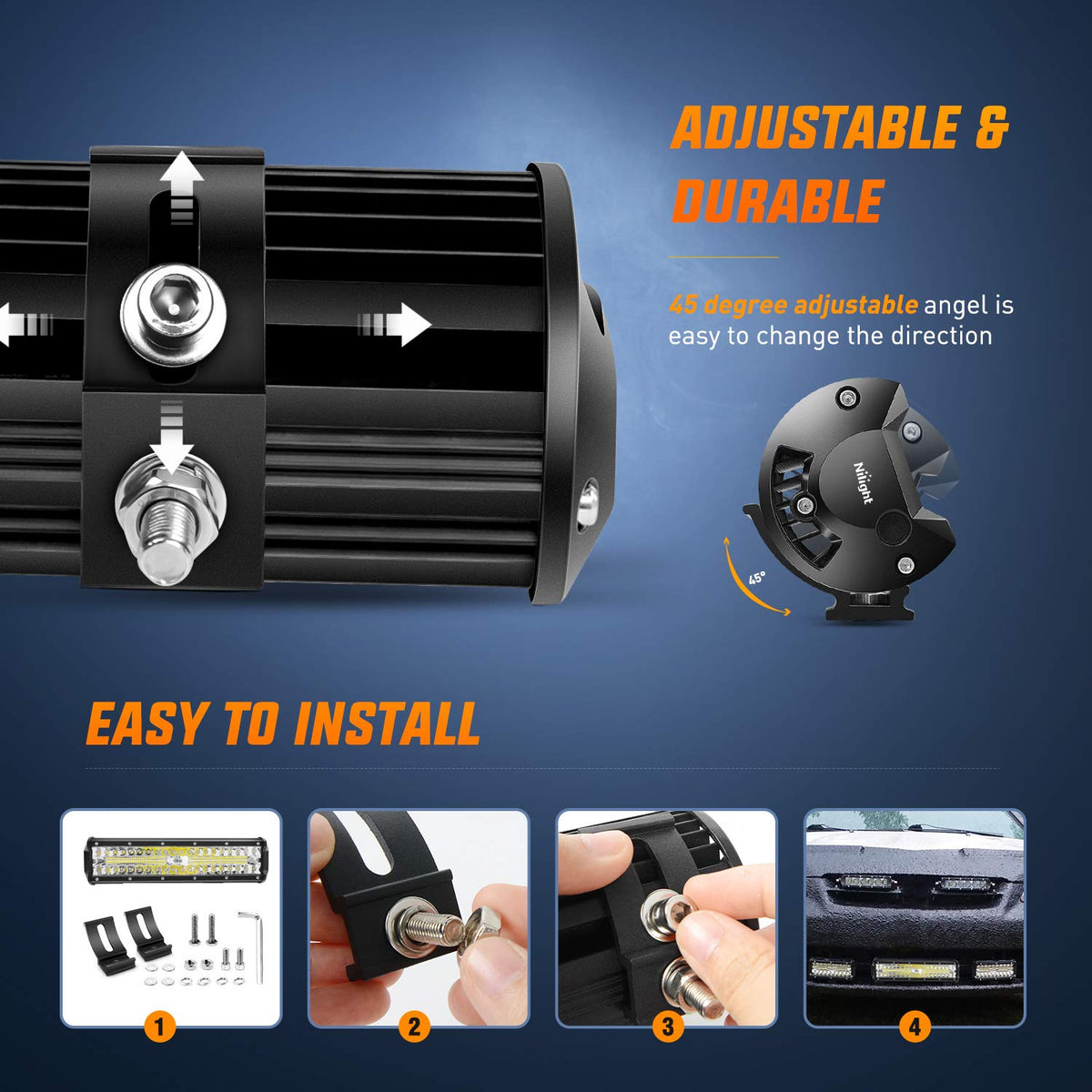 Nilight adjustable bracket detail illustrating flexible positioning benefit