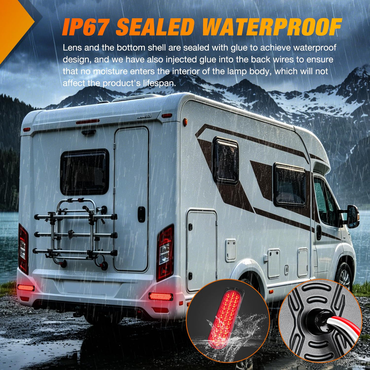 Nilight rear wiring seal detail showing IP67 waterproof protection