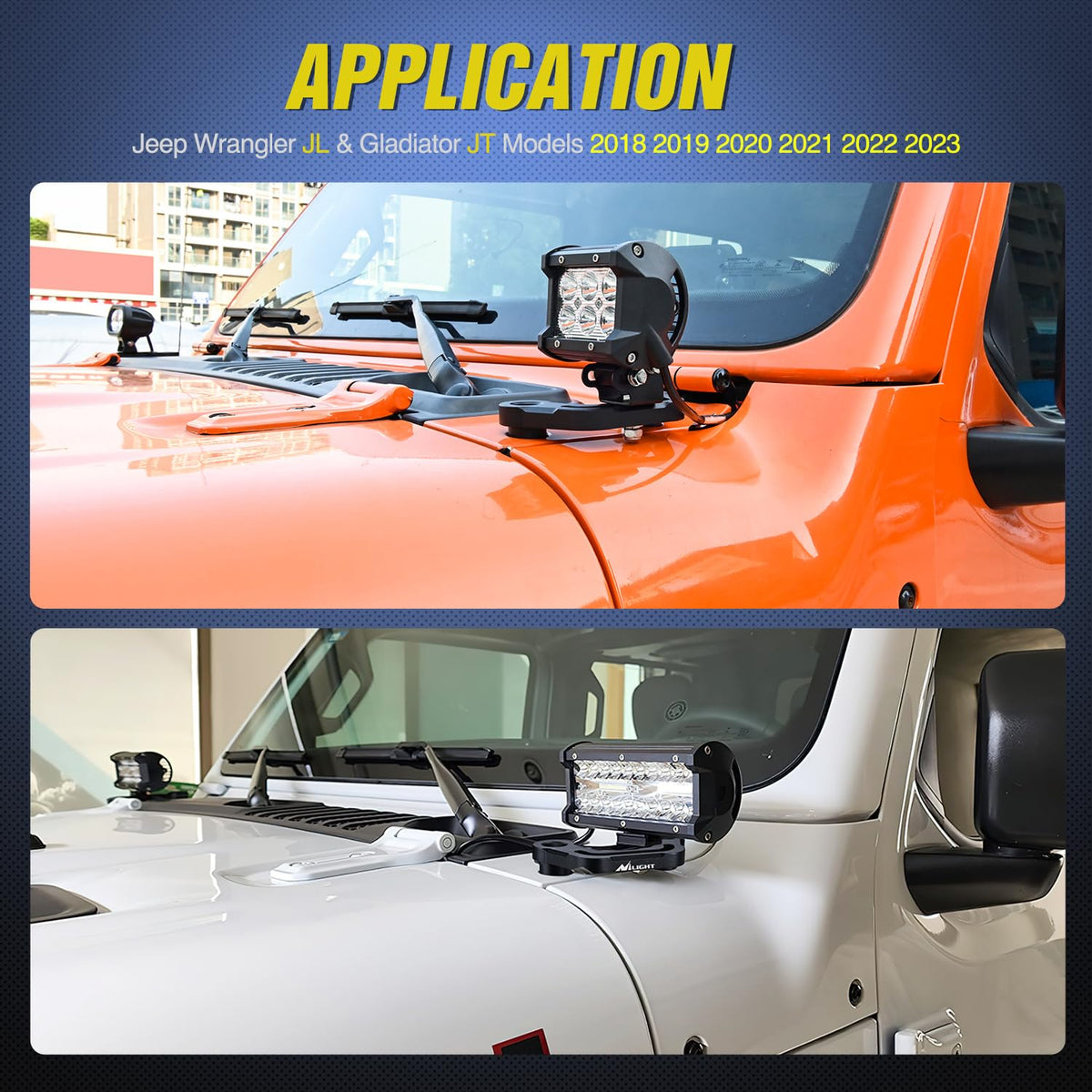 Lifestyle shot of Nilight brackets on Jeep driving off-road showing rugged look and functional lighting setup