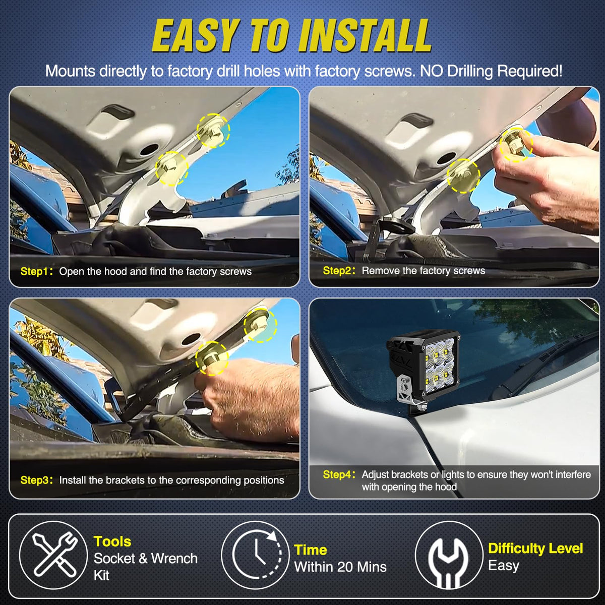 Nilight bracket mounted on Tundra hood showing secure, no-drill install benefit