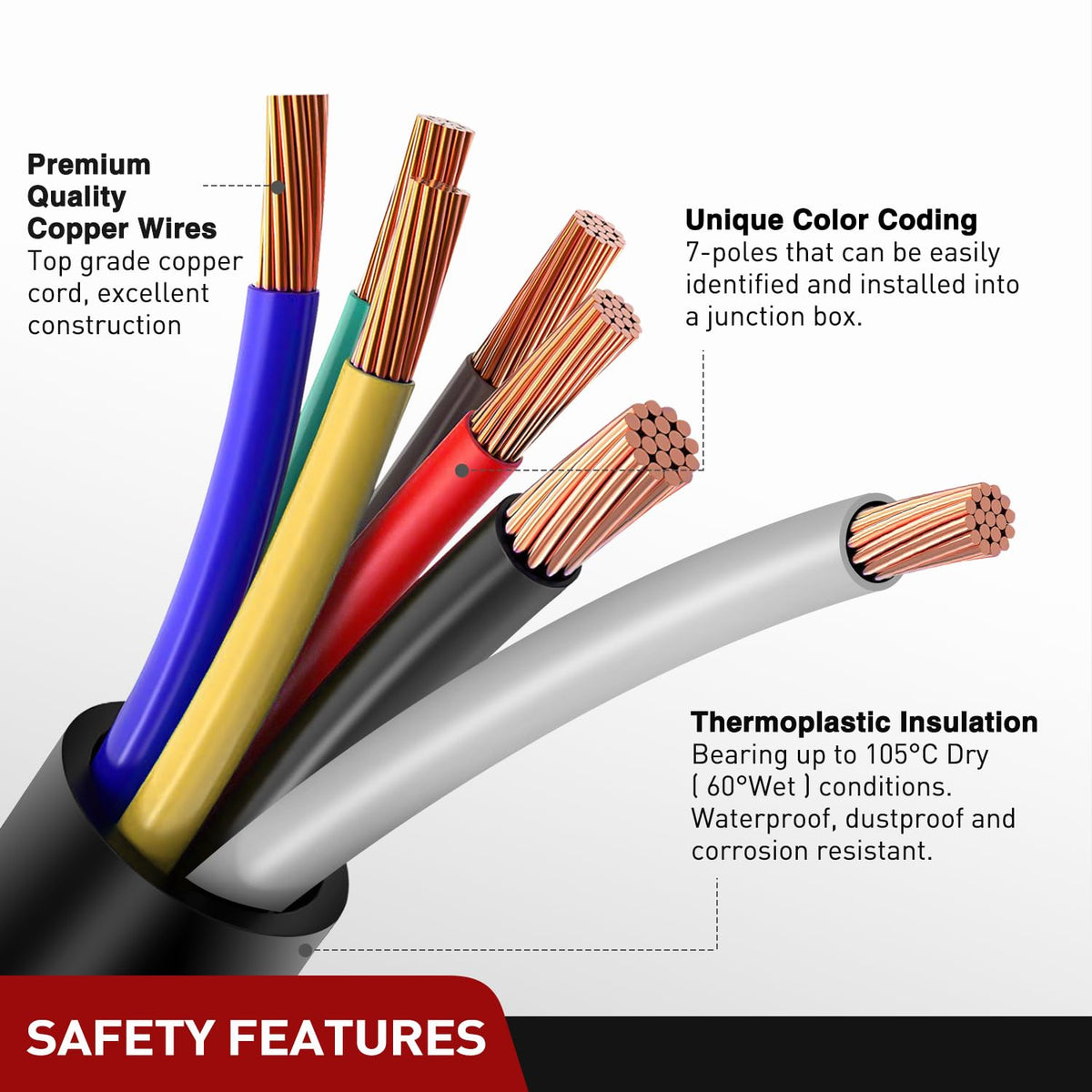 Nilight 12ft cable laid flat to show full length for easier hookups